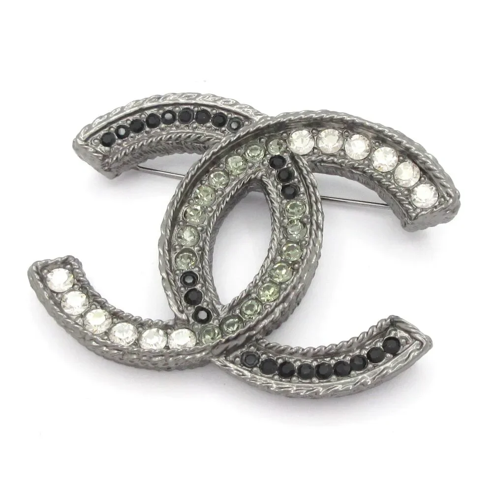 Chanel Coco Brooch Silver Black Multi Hardware Rhinestones